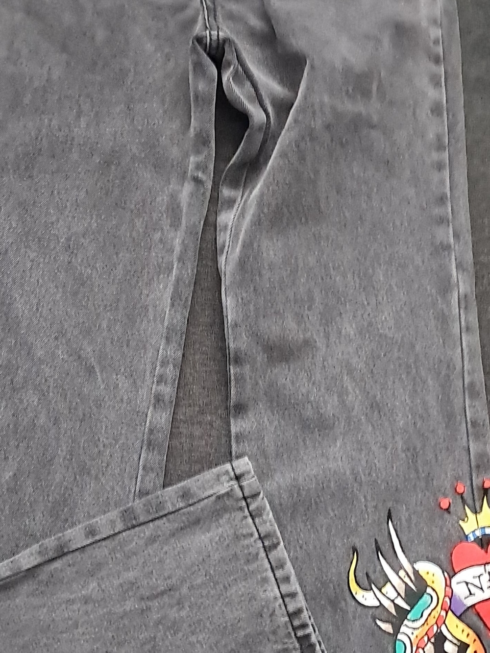 Ed Hardy Grey Straight Leg Jeans with Colorful Graphic Hem